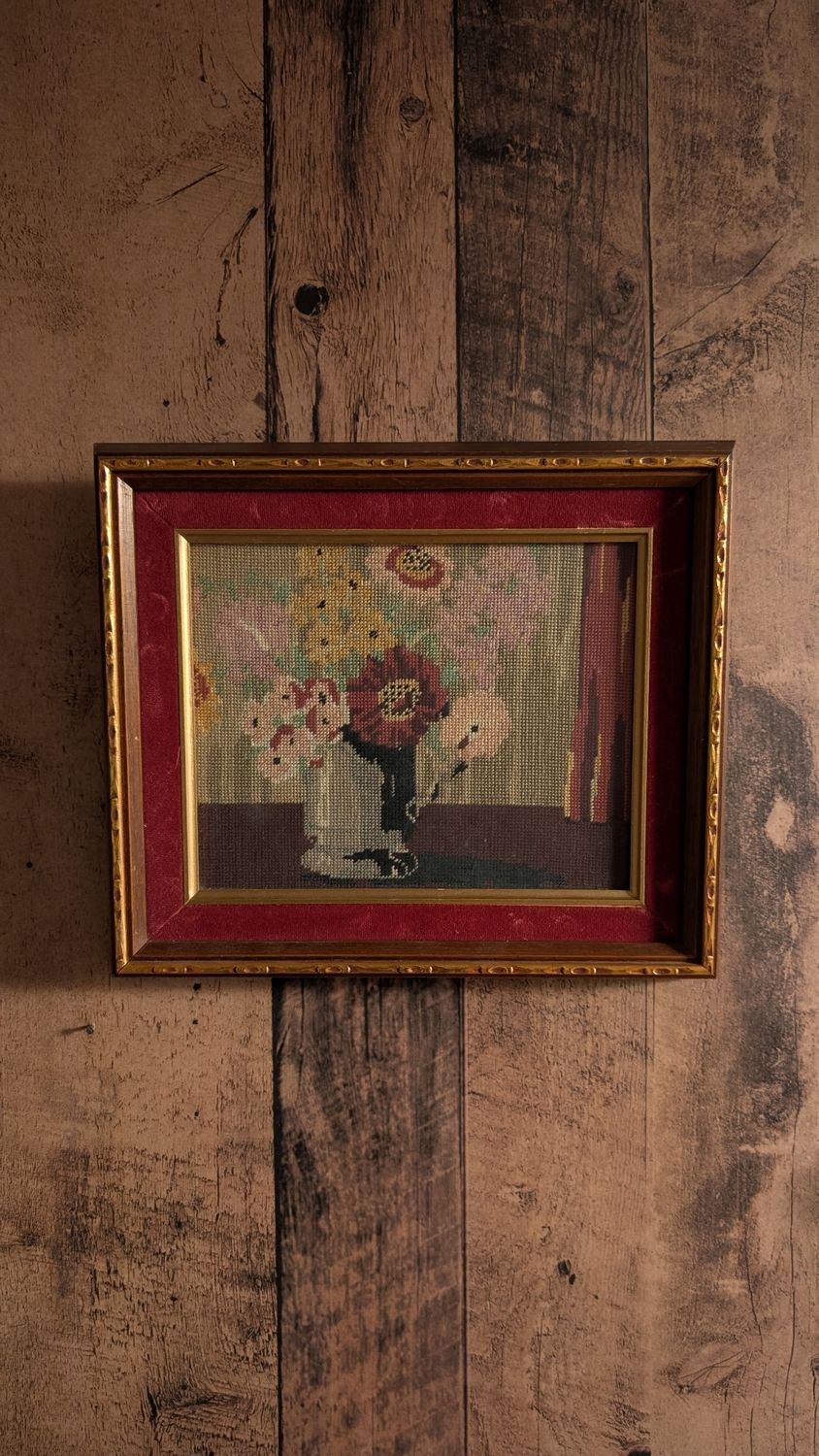 Flower bouquet needle point vintage in ornate frame