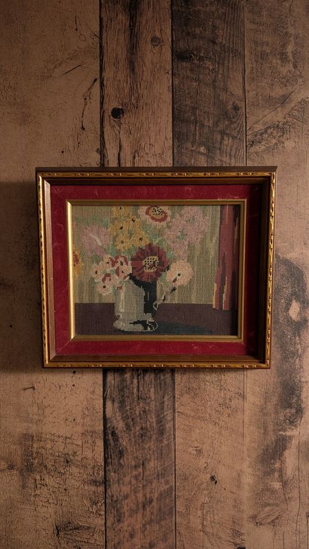 Flower bouquet needle point vintage in ornate frame