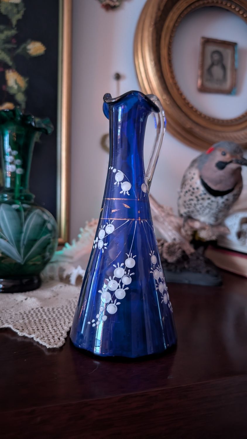 Antique victorian hand painted cobalt blue glass pitcher