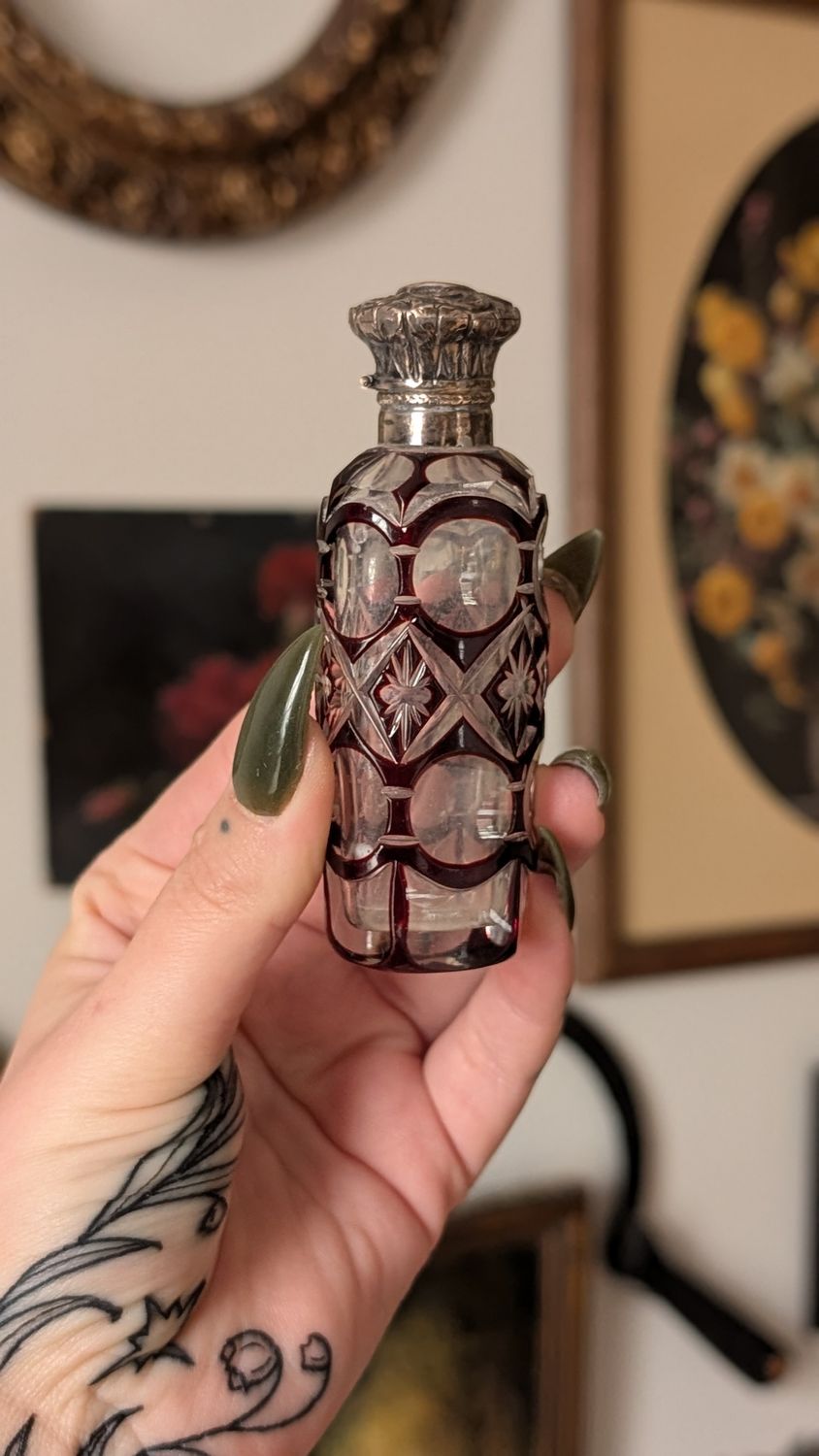 Large deep burgundy cur glass antique perfume bottle - sterling cap