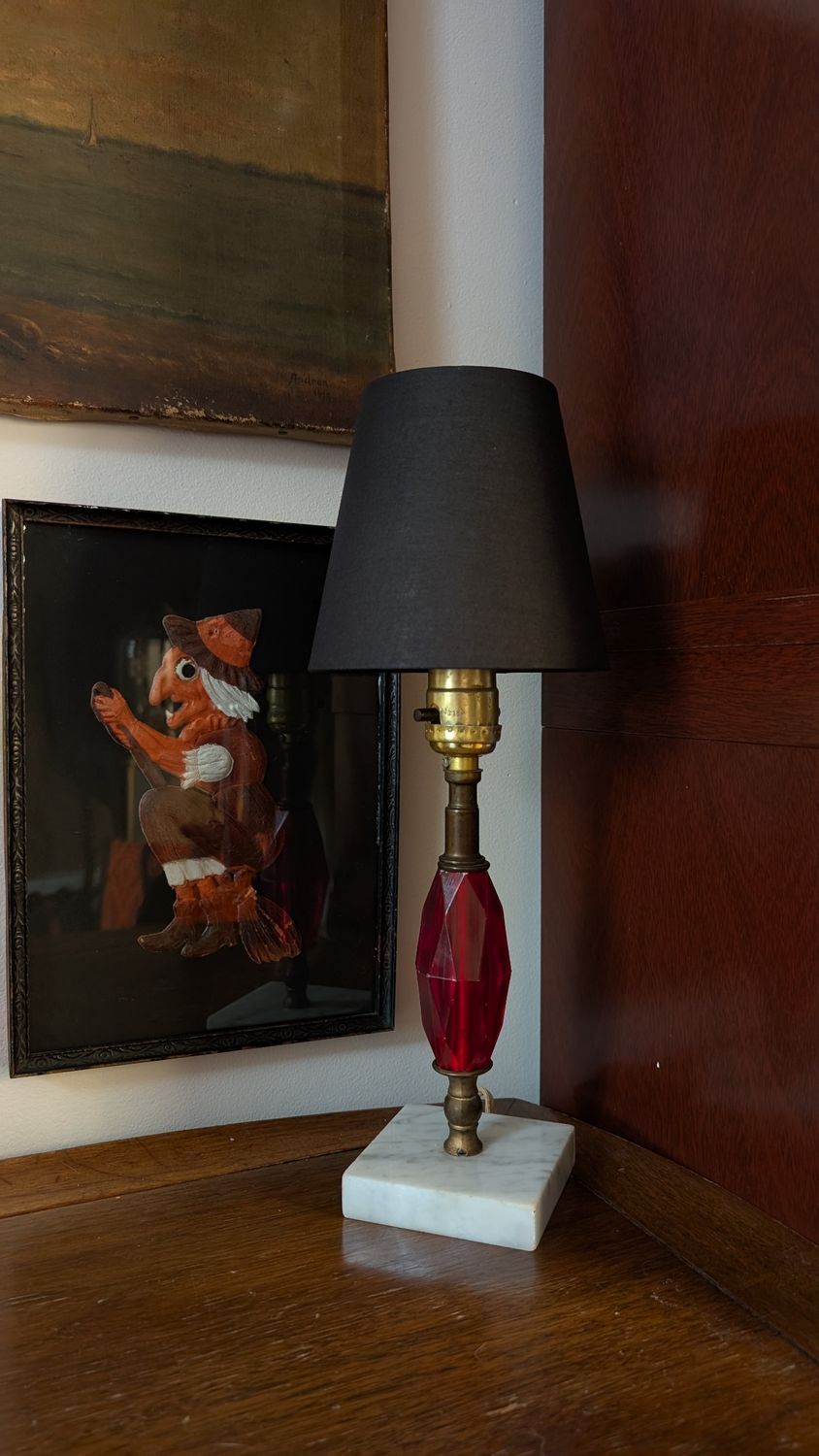 Small desk lamp with red glass &amp; white marble base