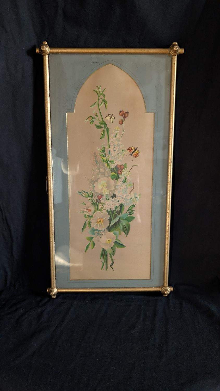 Large vintage floral watercolor painting white lilac and wild roses butterfly