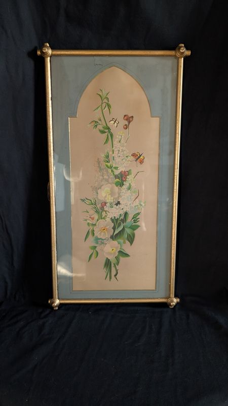 Large vintage floral watercolor painting white lilac and wild roses butterfly