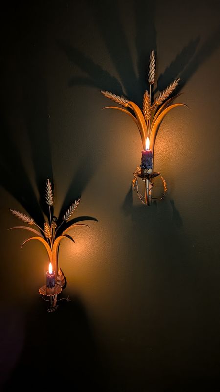 Gilt metal wheat sheaf 70s candle holders