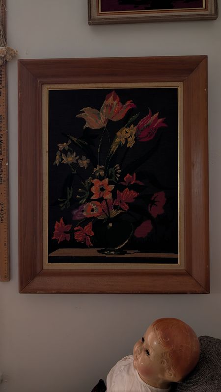 Still life bouquet in black wirh red tones needlepoint