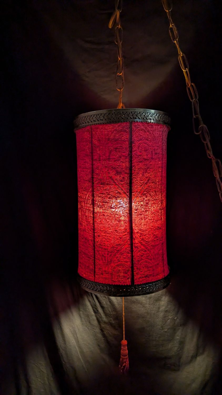 Large vintage 70s swag lamp with damask motif