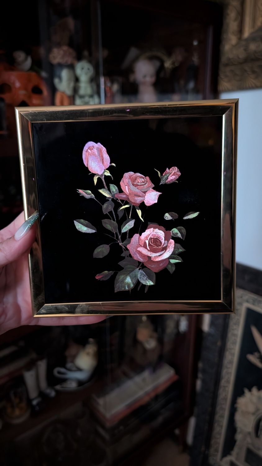 1980s mirror pink red roses frame