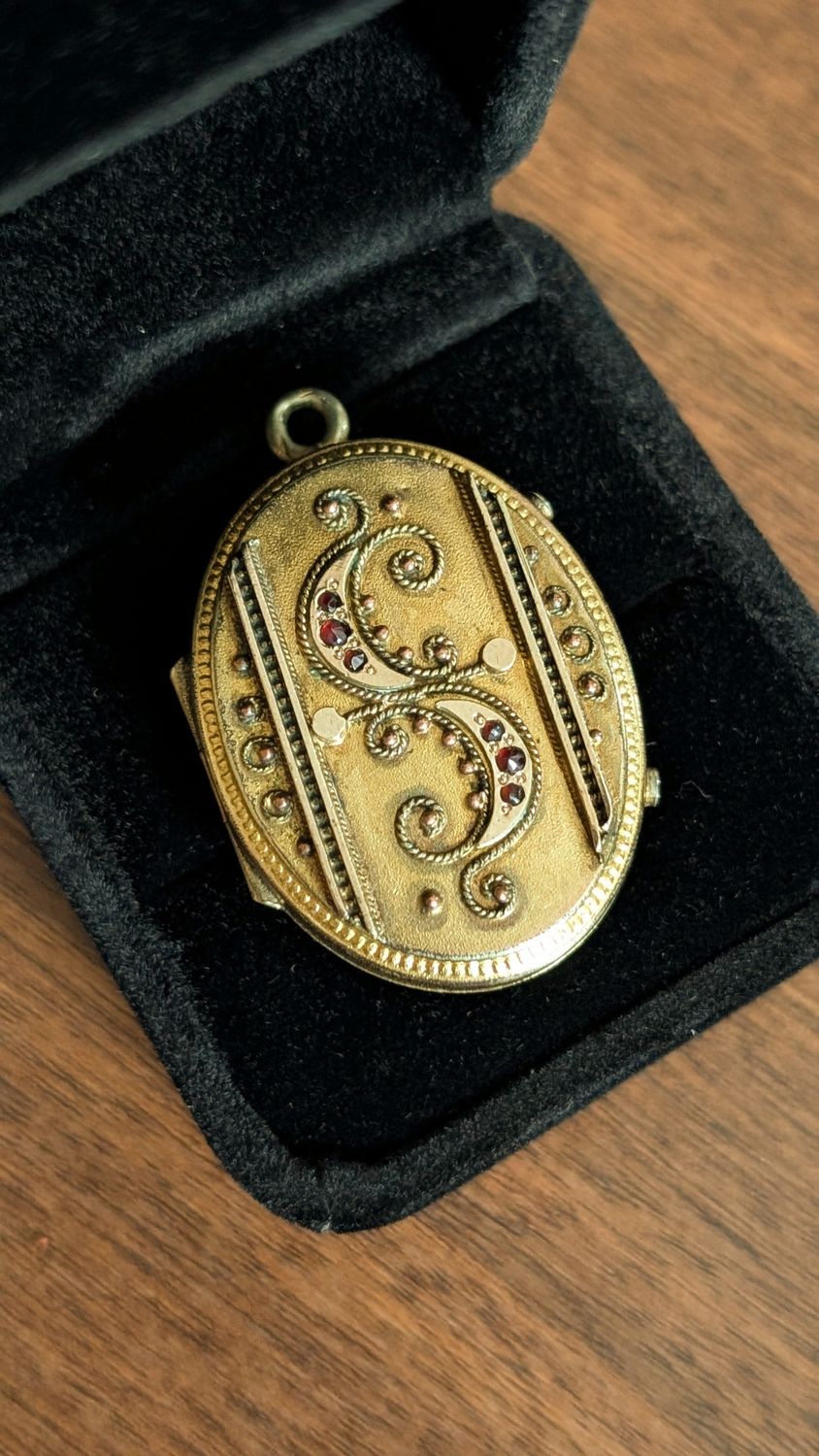 Victorian gold filled locket with red stone and moon crescents - two locks of hair inside