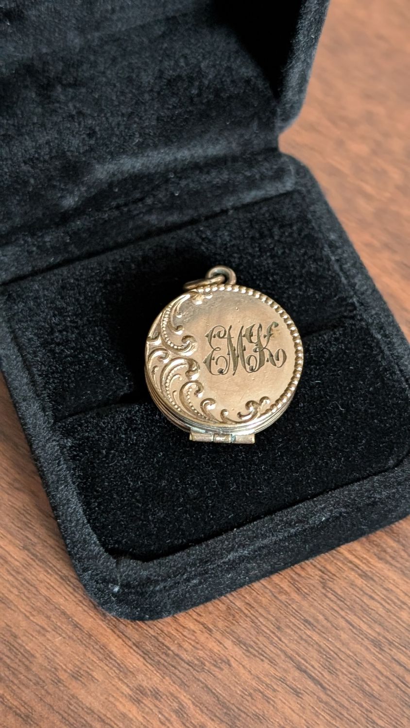 Monogrammed victorian locket with three locks of hair inside - gold filled
