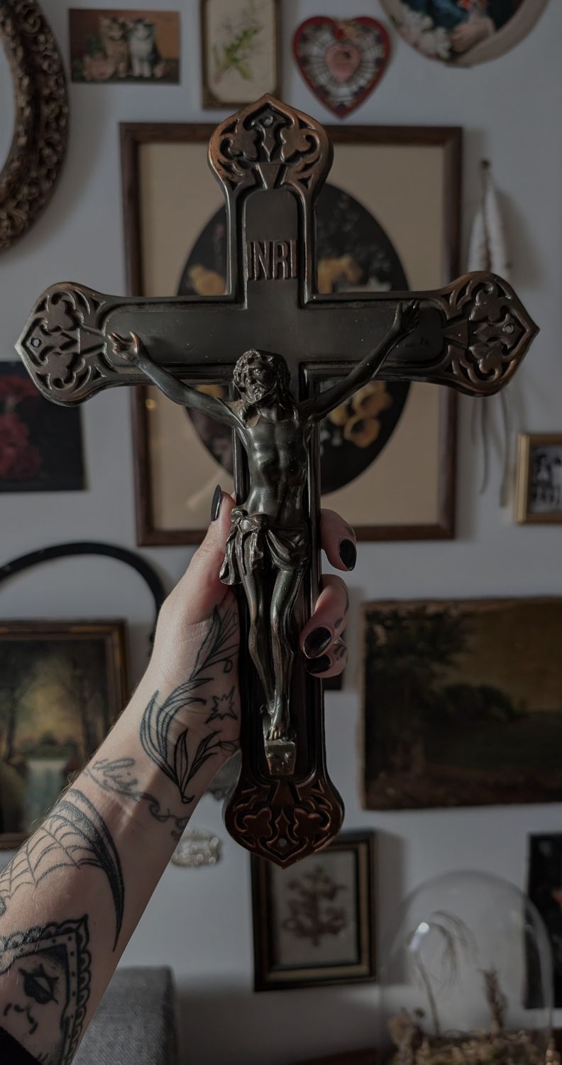 Large ornate copper metal crucifix