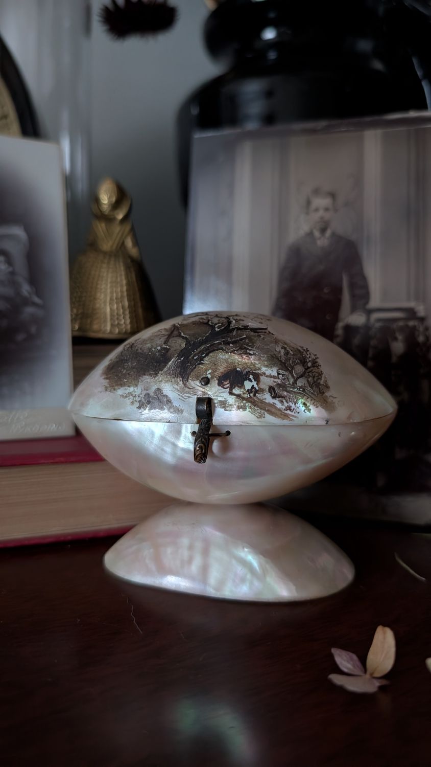 Mother of pearl rosary dish box 1900s hand painted lid