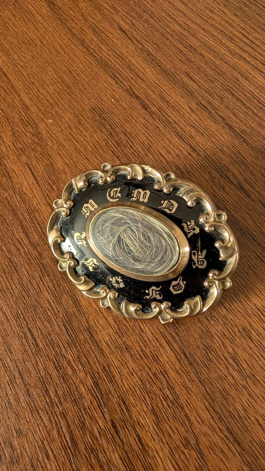 Antique victorian black enamel rolled gold  In Memory Of pendant brooch