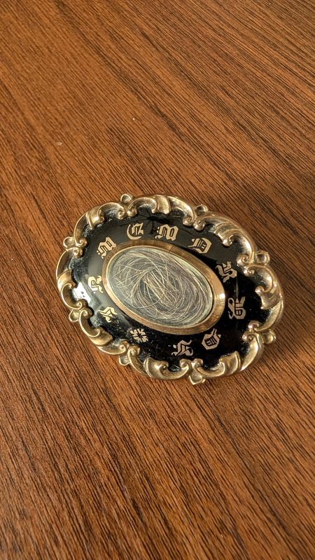 Antique victorian black enamel rolled gold  In Memory Of pendant brooch