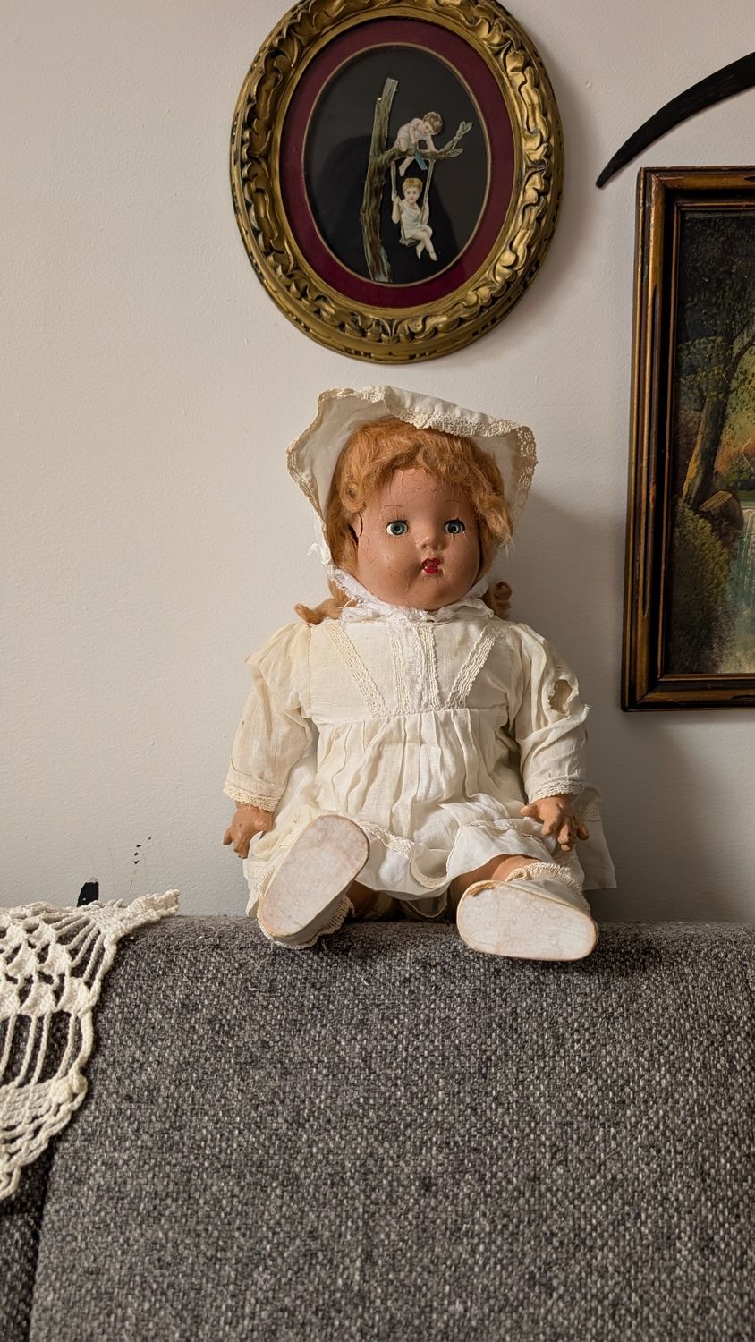 Creepy white dress doll, sleeper eyes