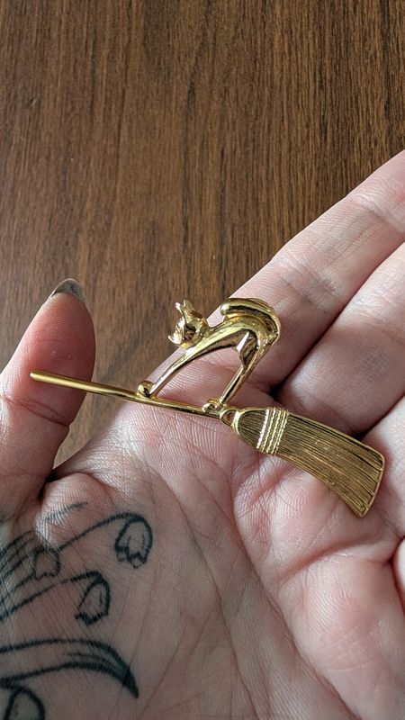 Cat on broom halloween pin