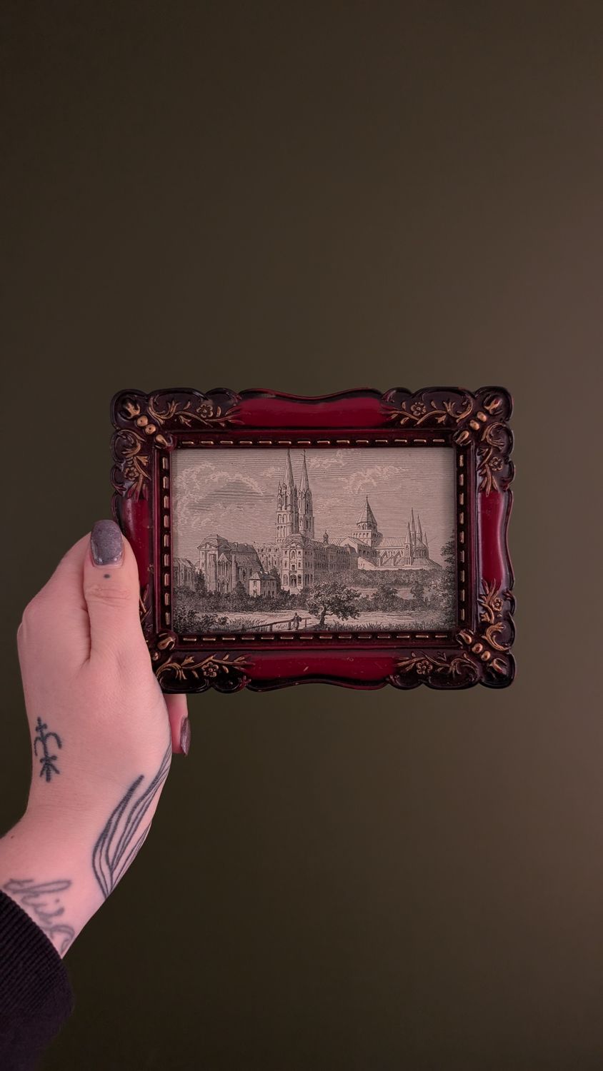 Small red frame with church lithograph