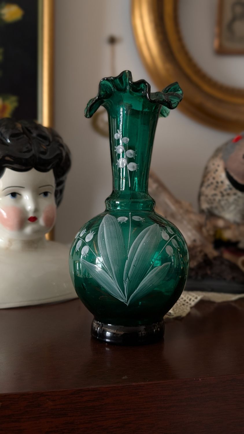 Victorian emerald green lily of the valley vase