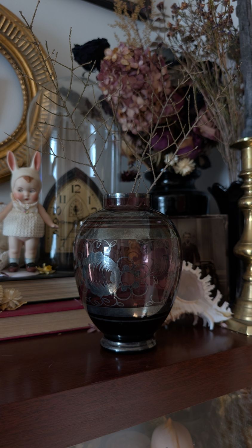 Silver deposit amethyst floral antique vase