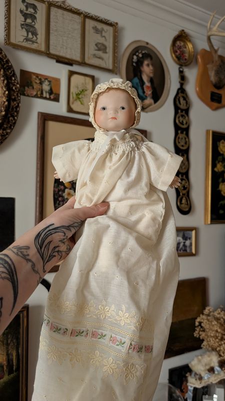 Bisque porcelain baby doll white christening dress