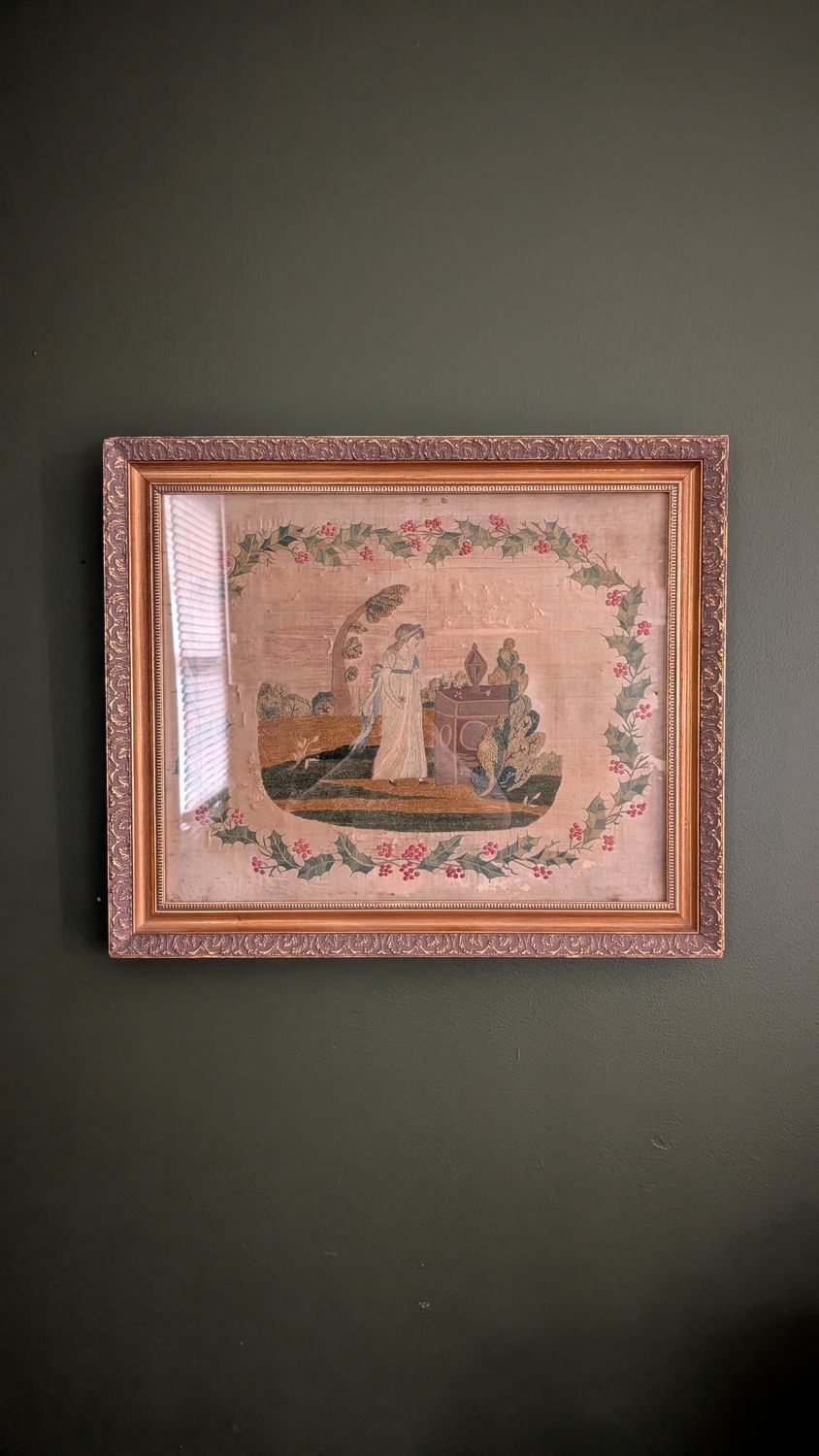 Large antique 1800's georgian silk mourning embroidery - restaured - rare