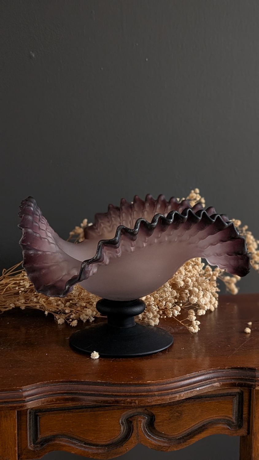 Large frosted ruffle candy footed dish amethyst purple