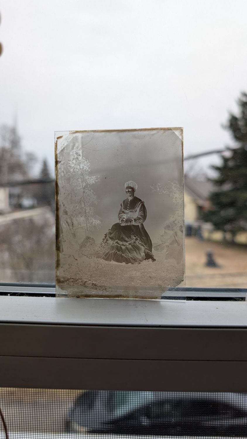 Antique negative glass plaque woman in forest decor