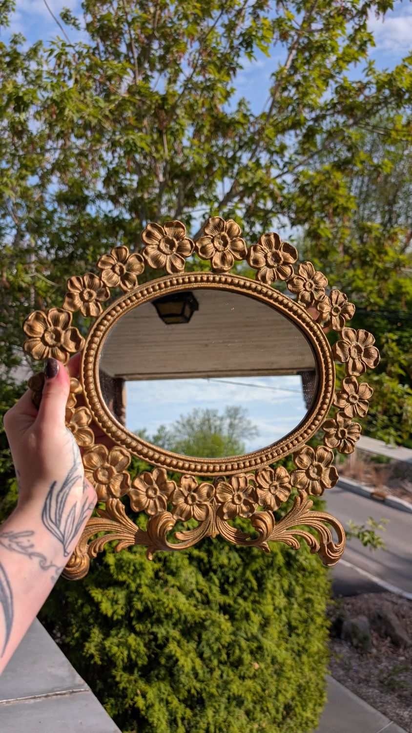 Antique metal vanity oval mirror - floral frame
