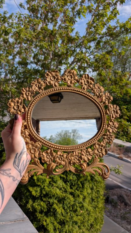 Antique metal vanity oval mirror - floral frame