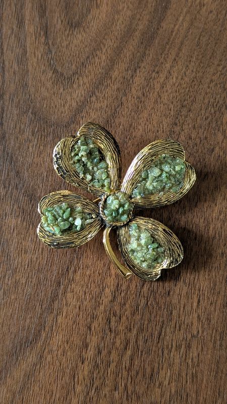 Large shamrock four leaf clover brooch with jade pebbles