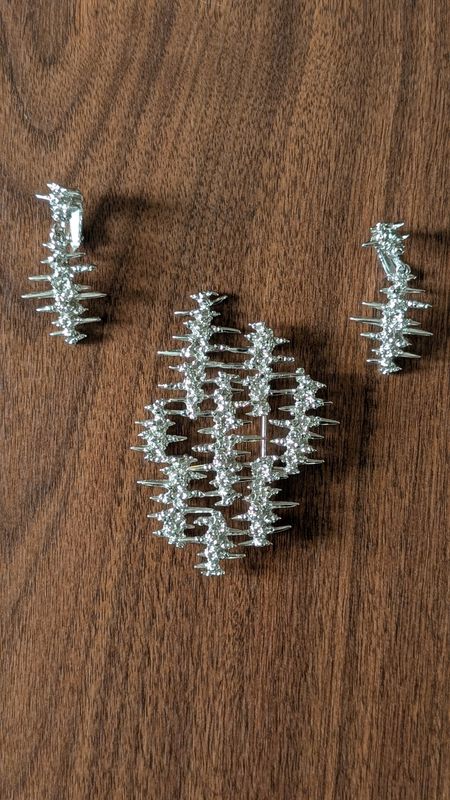 Silver tone brutalist - punk spikes earrings and brooch