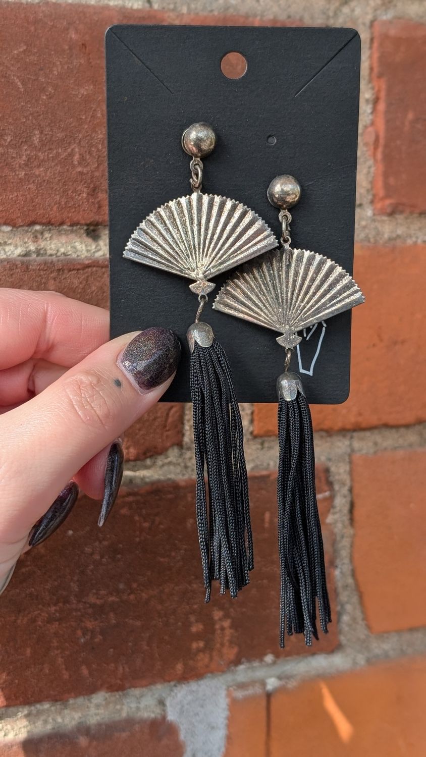 Silver tone fan earrings with black fabric tinsel