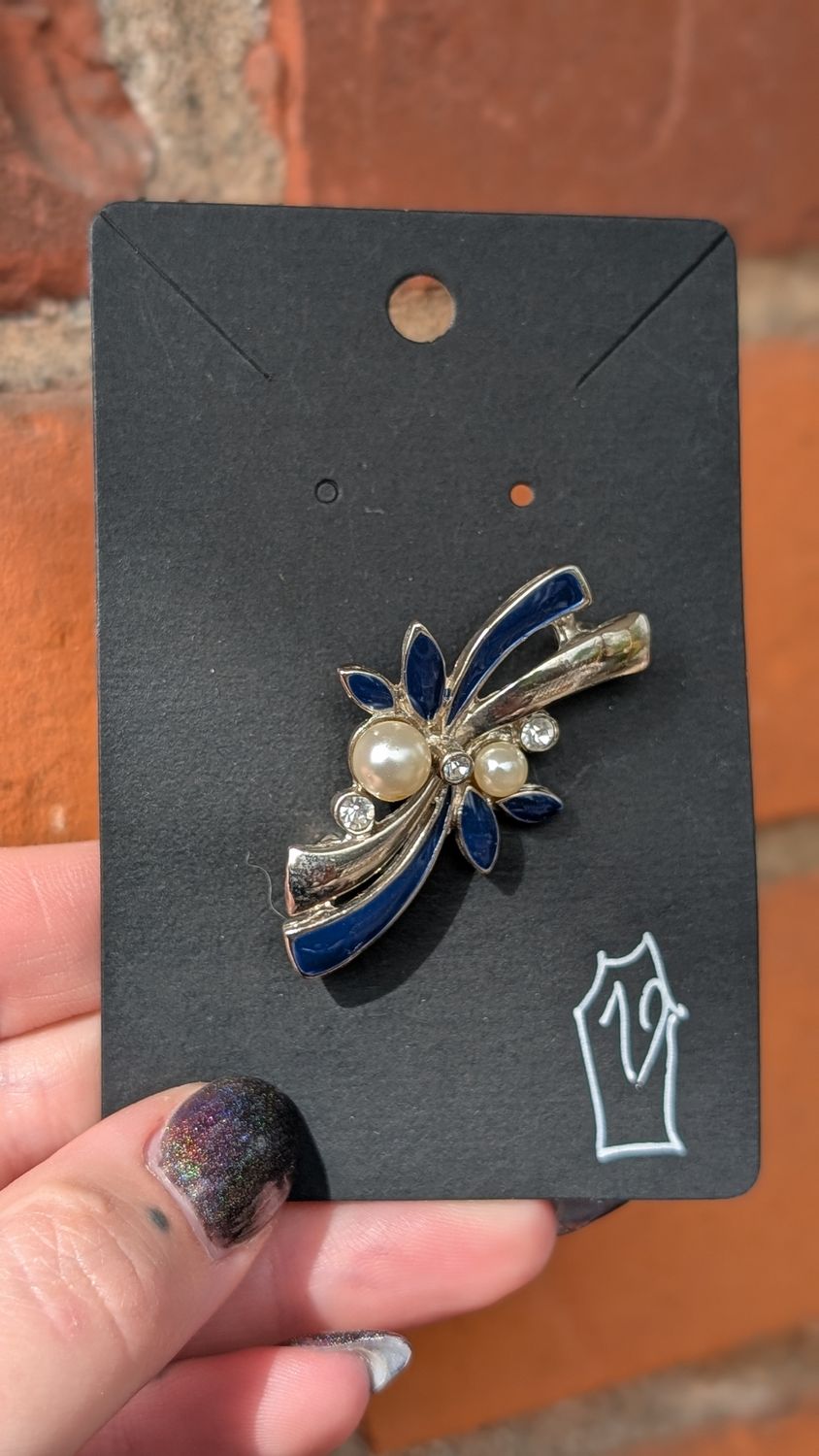 Navy blue and silver tone floral brooch faux pearl and  gem