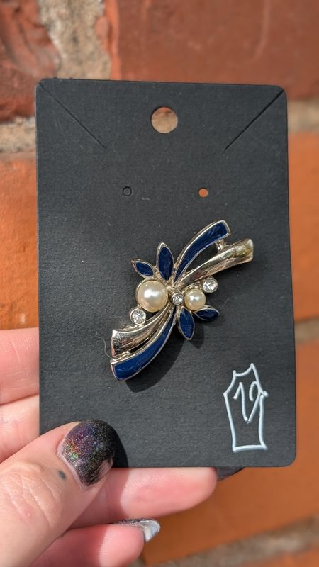 Navy blue and silver tone floral brooch faux pearl and  gem