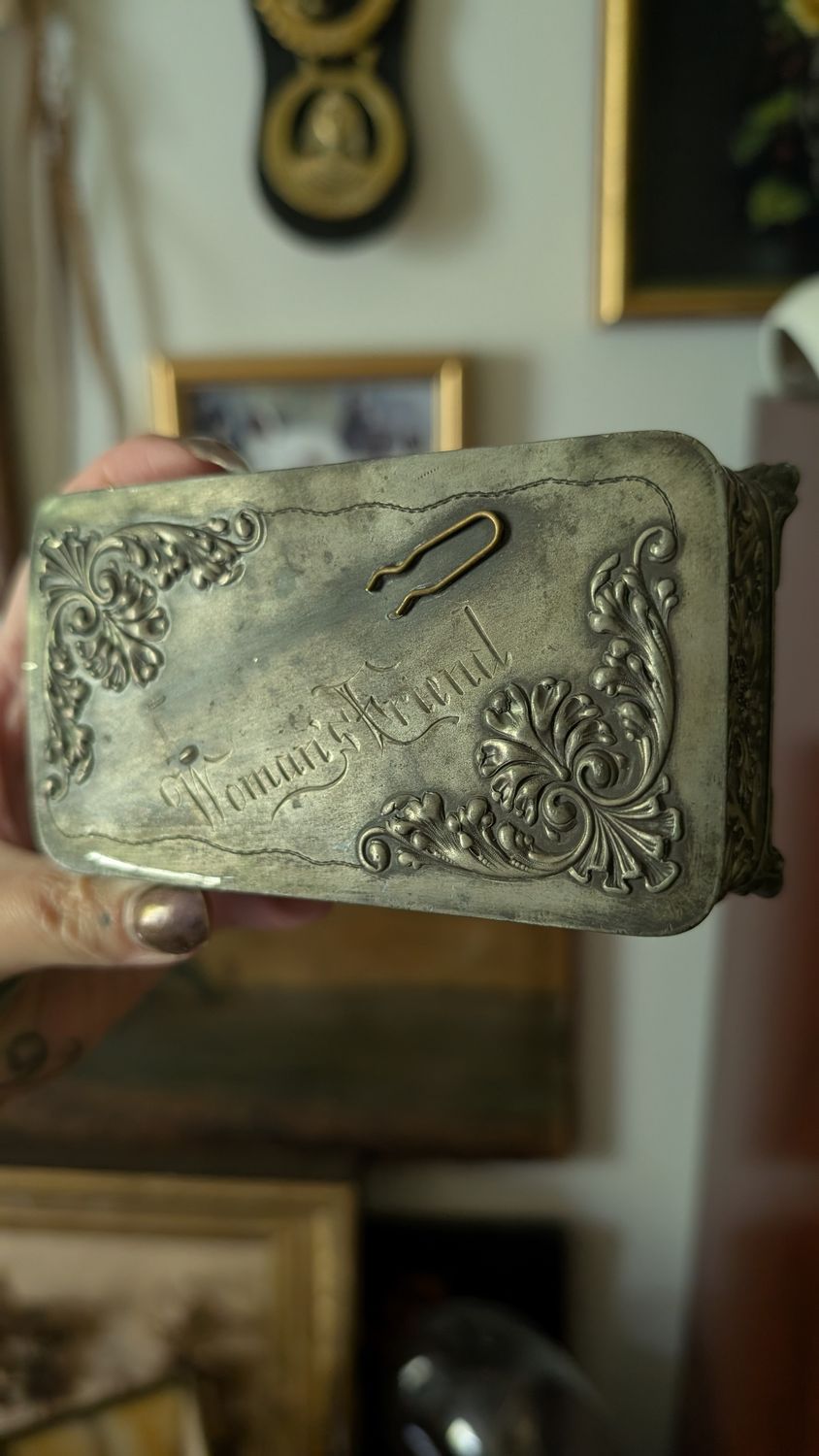 Antique edwardian silver plated bobby pins box - woman's friend