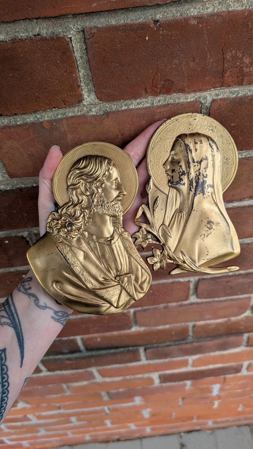 Antique mary and jesus white metal plaque