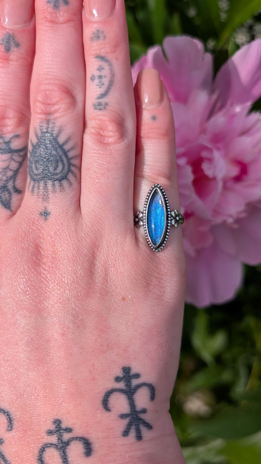 Art deco morpho butterfly wing sterling silver ring - size 5 - adjustable
