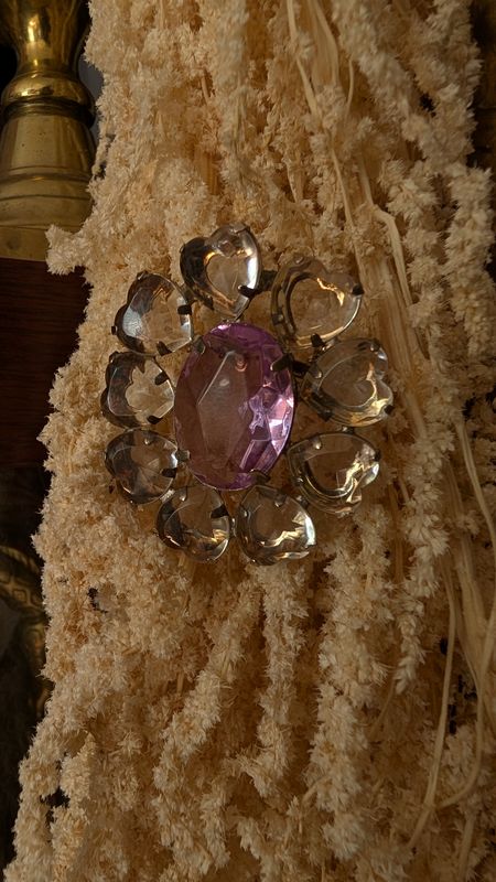 Clear heart stones and pastel purple heart gem silver tone brooch