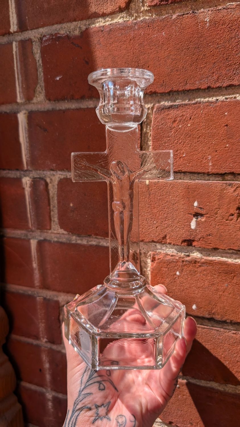 Glass crucifix candle holder
