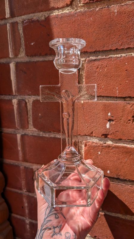 Glass crucifix candle holder