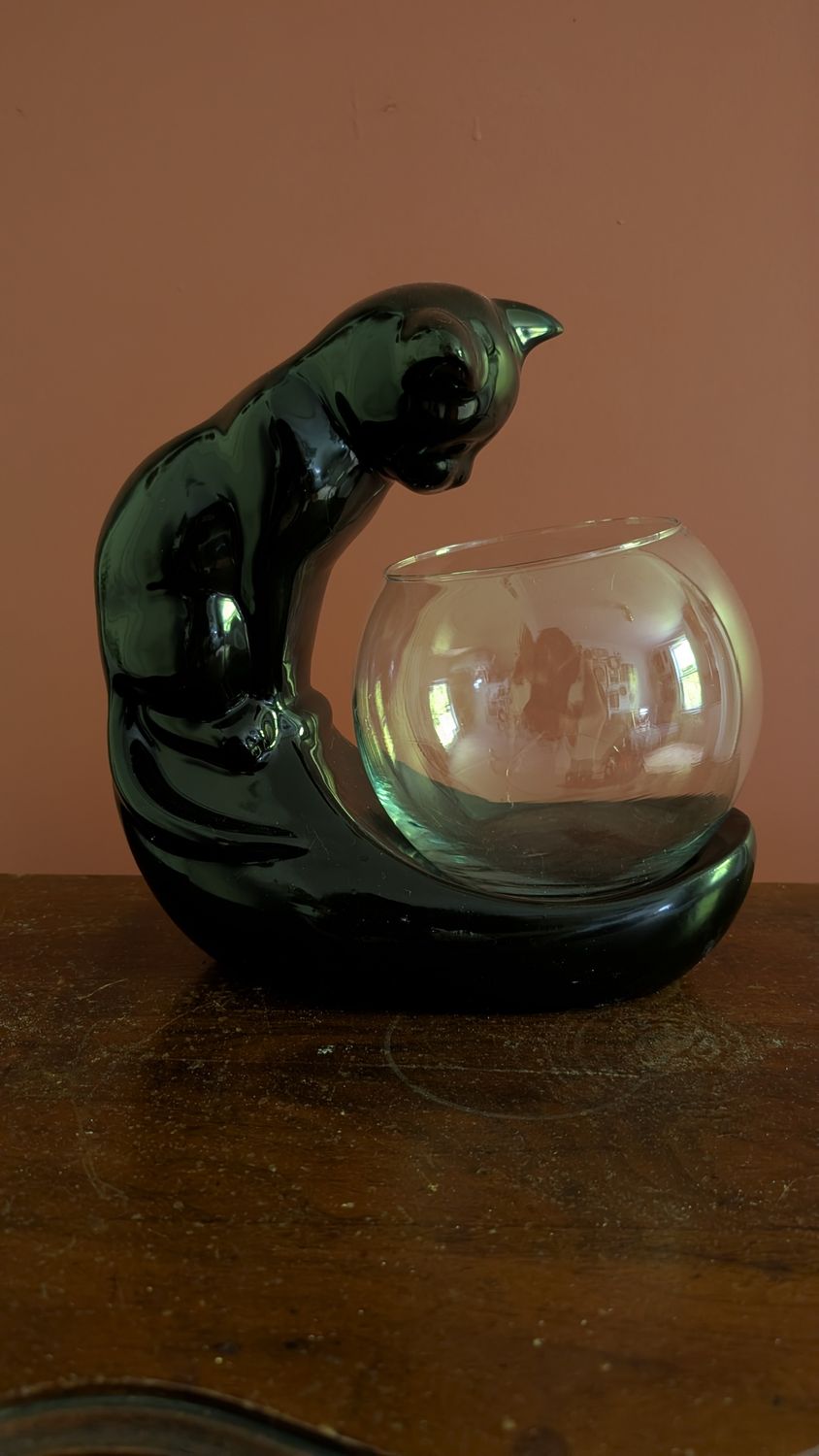Vintage ceramic cat with bowl