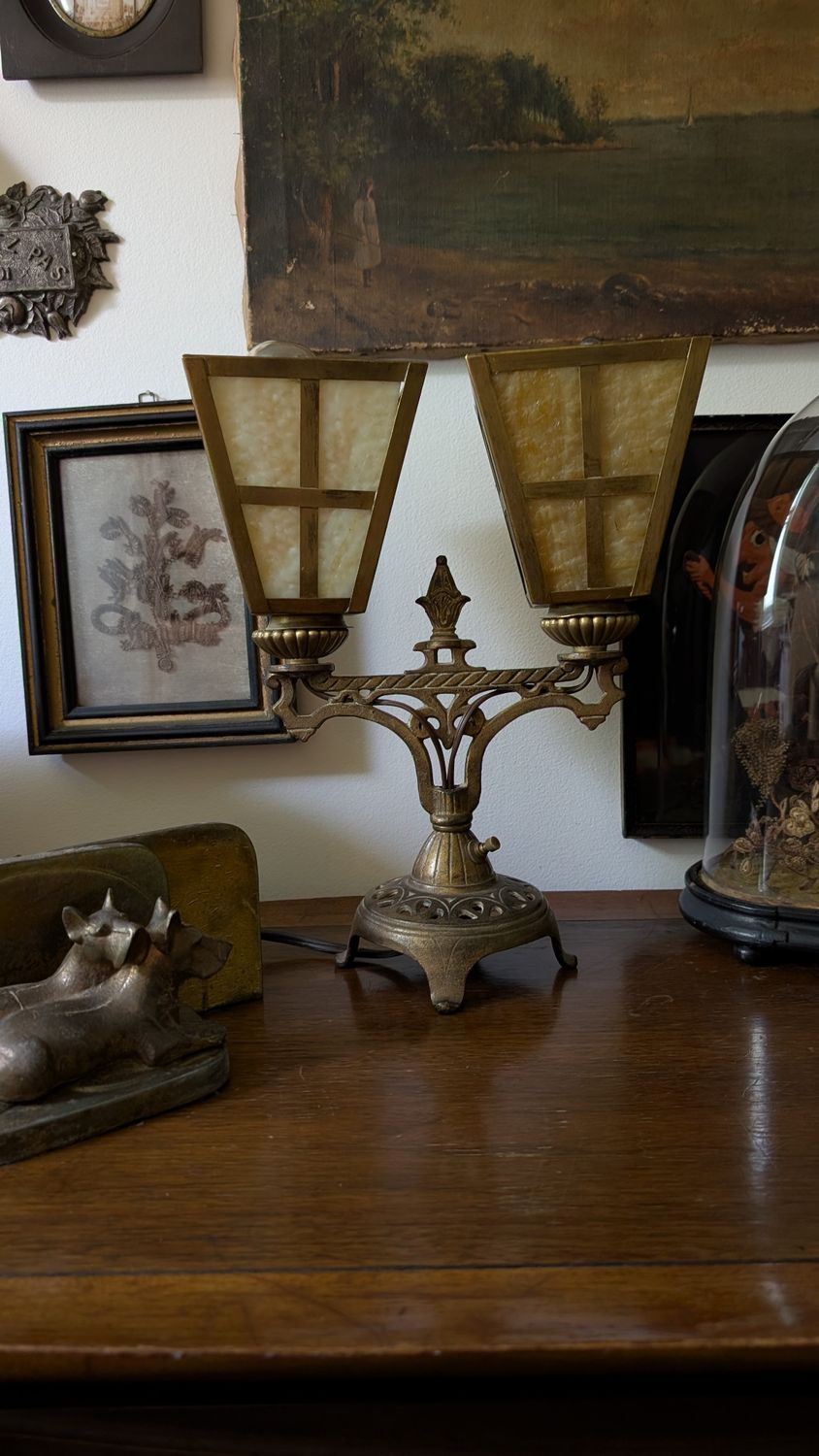 Antique artisanal bronze desk lamp with glass