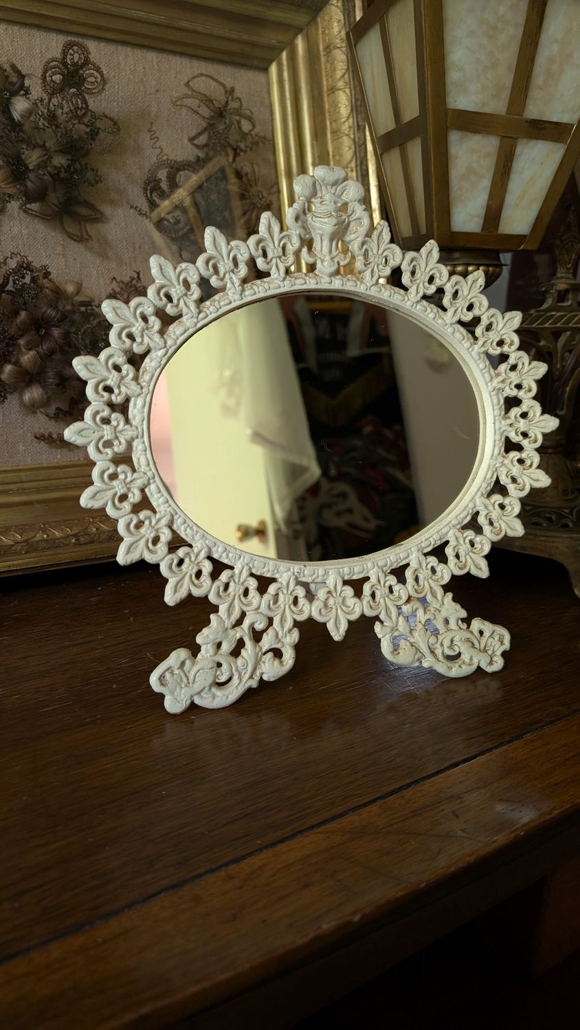 Fleur de lys - white table mirror - victorian cast iron