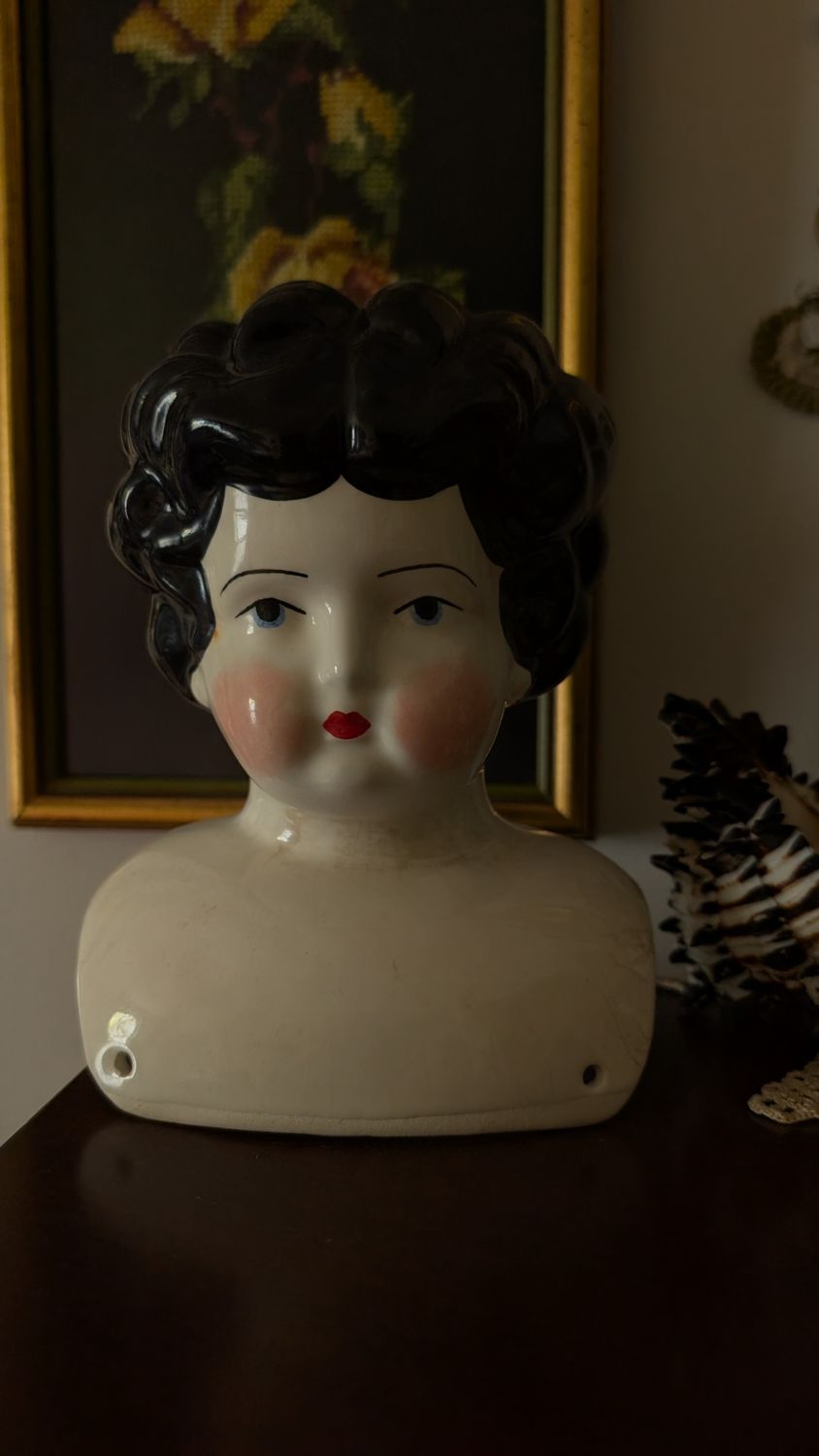 Large china doll head - black hair