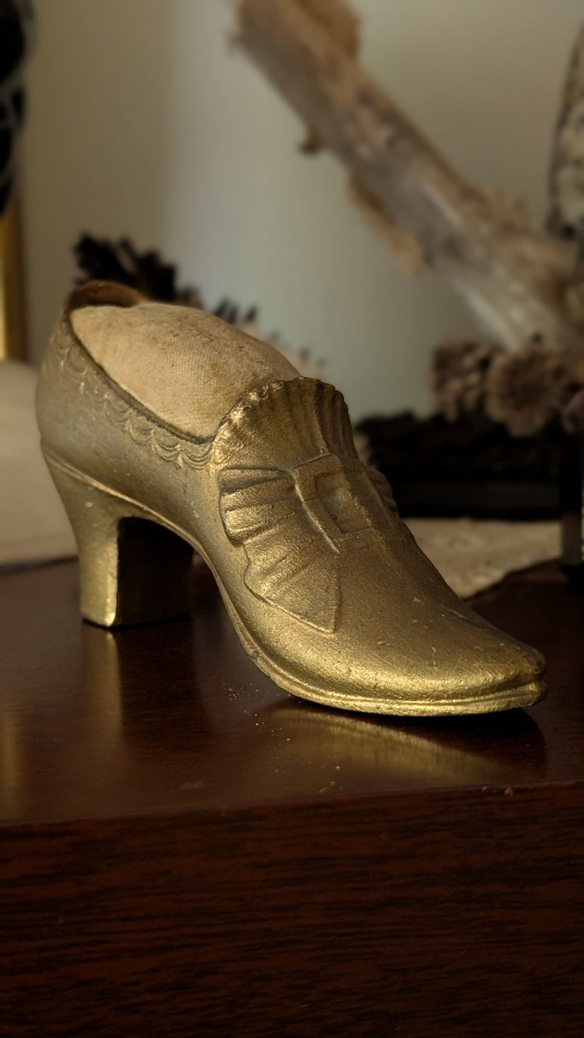 Victorian shoe pin cushion cast iron gold tone