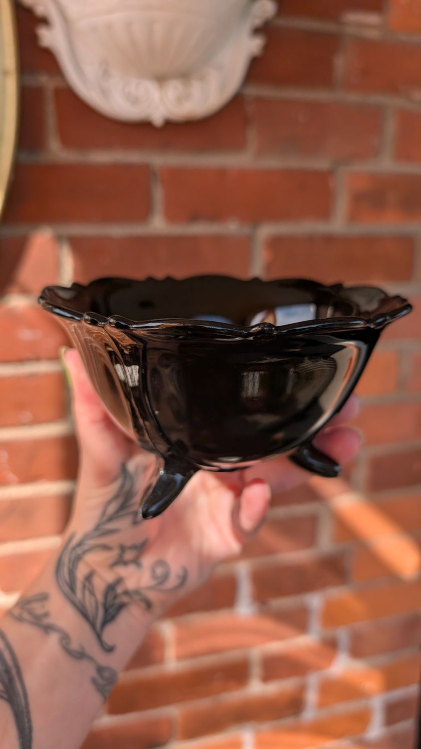 Black amethyst glass round footed altar dish