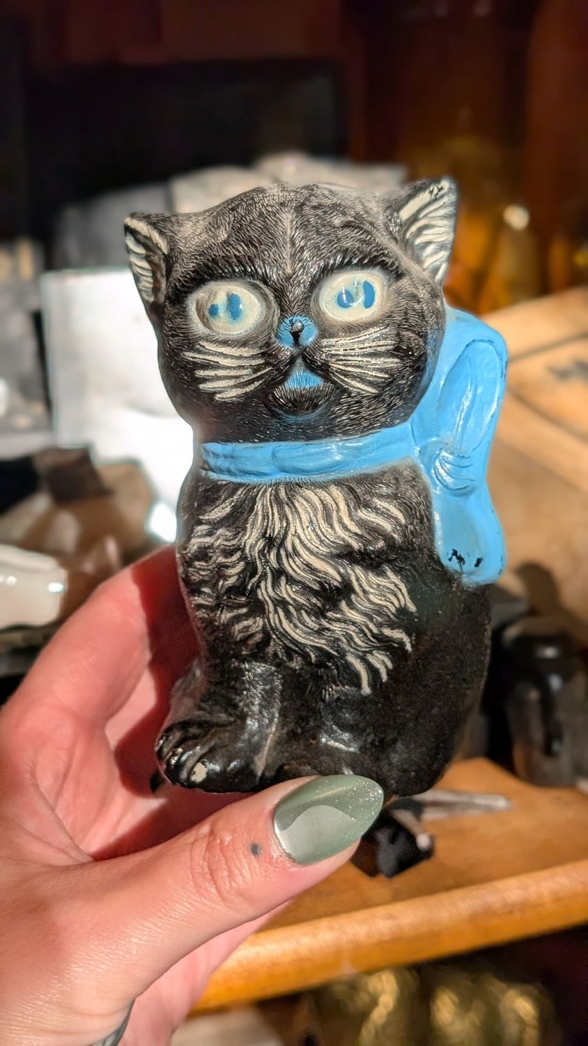 Small black cat plastic bank blue ribbon