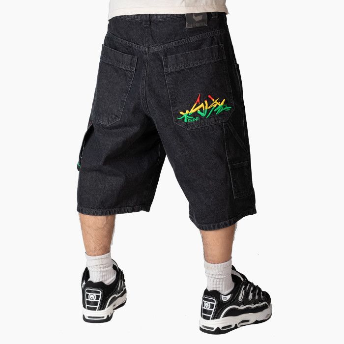 BLUESKIN  BERMUDA JEANS UOMO BLUESKIN BAGGY NERO HIP HOP RICAMO RASTA