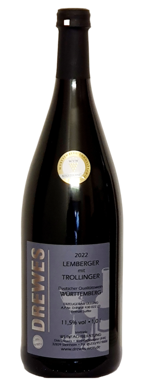 2022er LEMBERGER mit TROLLINGER Deutscher Qualitätswein Württemberg halbtrocken 1,0 l