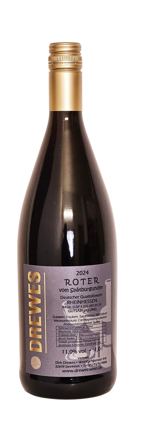 2024er ROTER vom SPÄTBURGUNDER Deutscher Qualitätswein Rheinhessen feinfruchtig (lieblich) 0,75 l