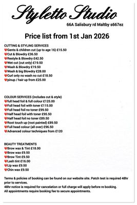 £10 Booking Fee (non Refundable) Price List &amp; Policies